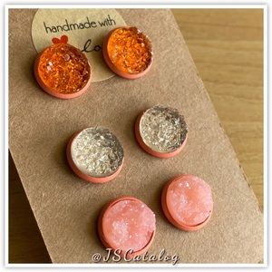 3 x Chunky Druzy on Coral Posts Studs Earrings